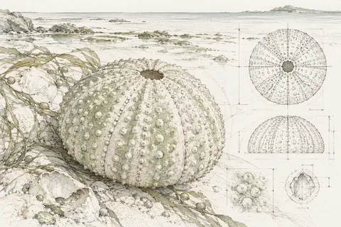 A sea urchin shell in cream, white, stone, gray; landscape artwork.
