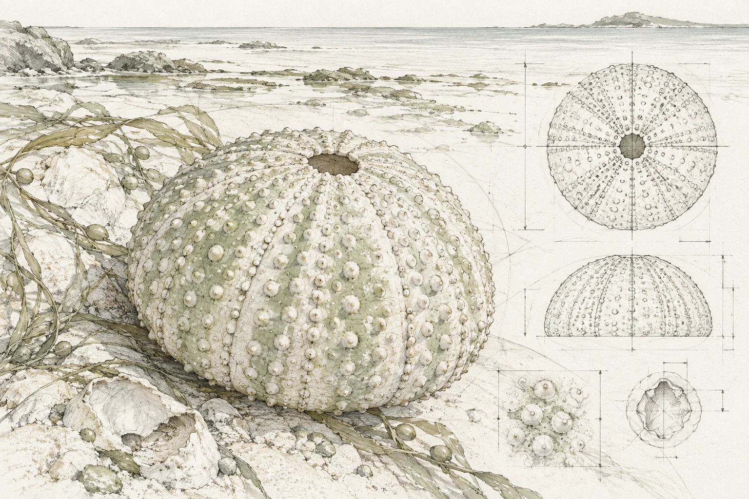 A sea urchin shell in cream, white, stone, gray; landscape artwork.