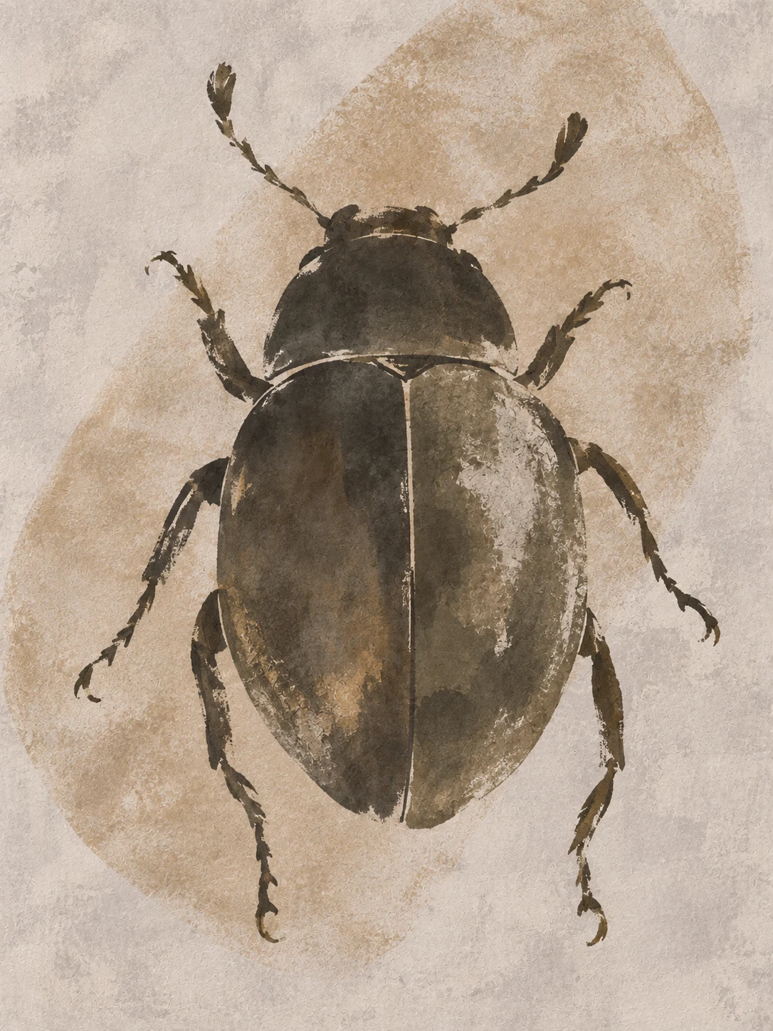 A beetle seen from above in stone, sand, brown, cream; portrait artwork.