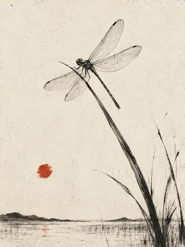 A dragonfly in cream, taupe; portrait artwork.