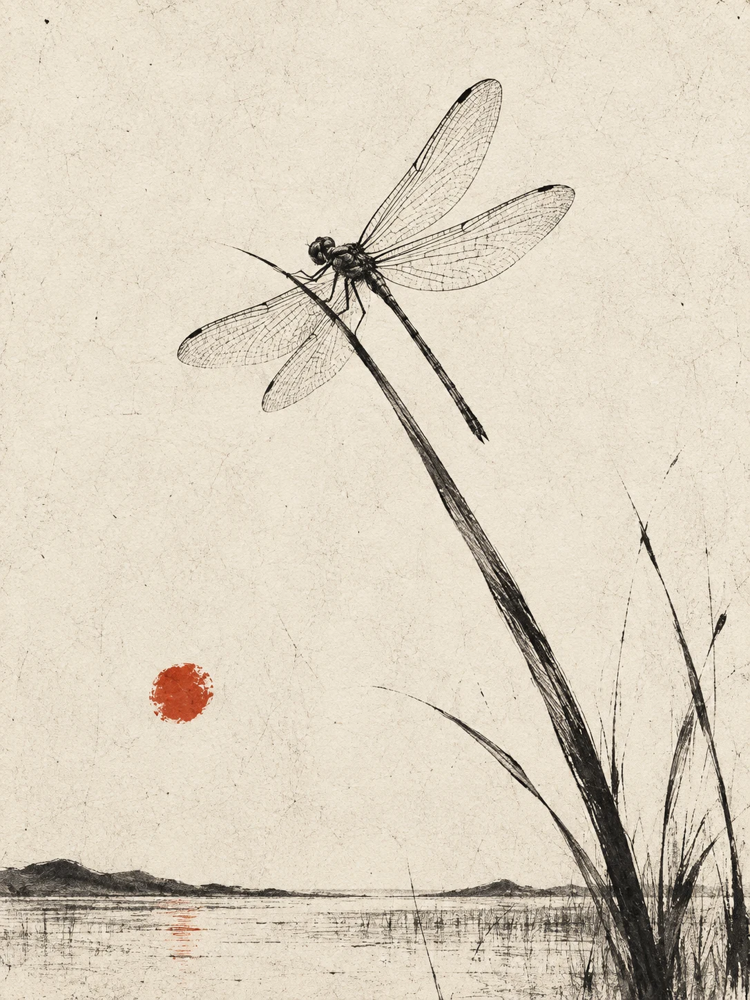 A dragonfly in cream, taupe; portrait artwork.