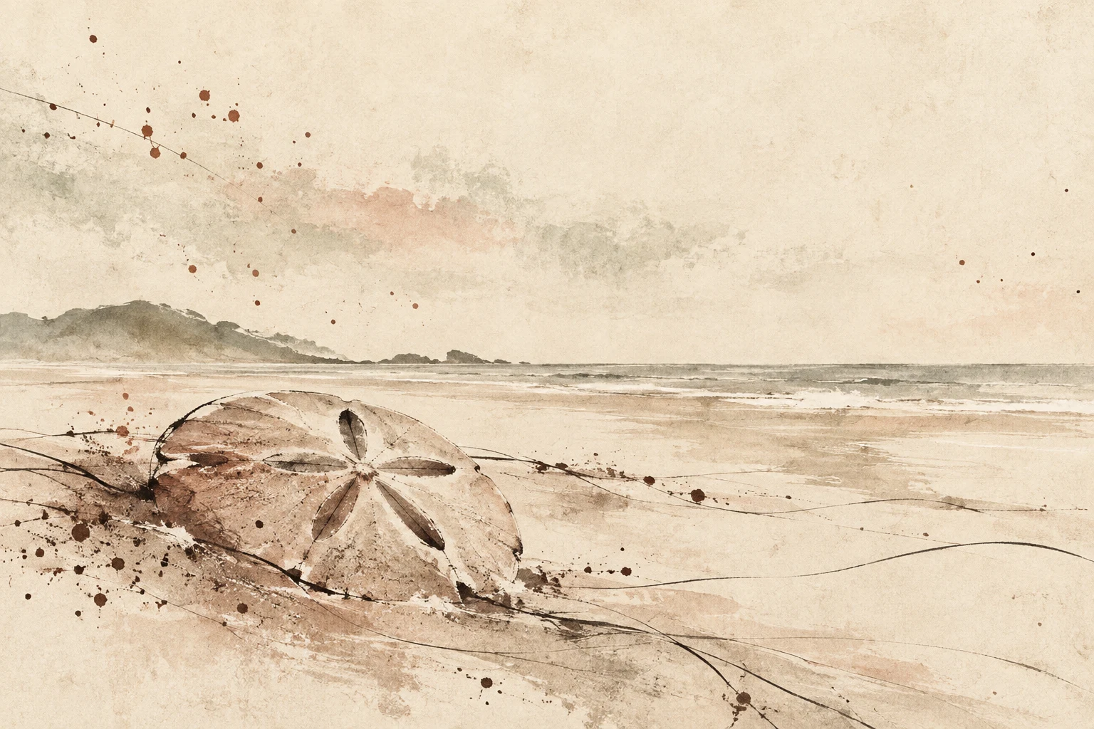 A sand dollar in cream, stone, gray; landscape artwork.