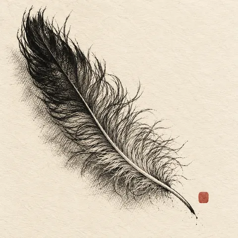 A feather in cream, gray, charcoal; square artwork.