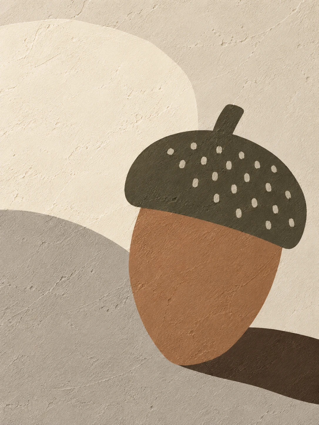 An acorn and its cap in cream, sand, taupe, brown; portrait artwork.