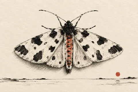 A moth with wings spread in cream, stone, brown; landscape artwork.