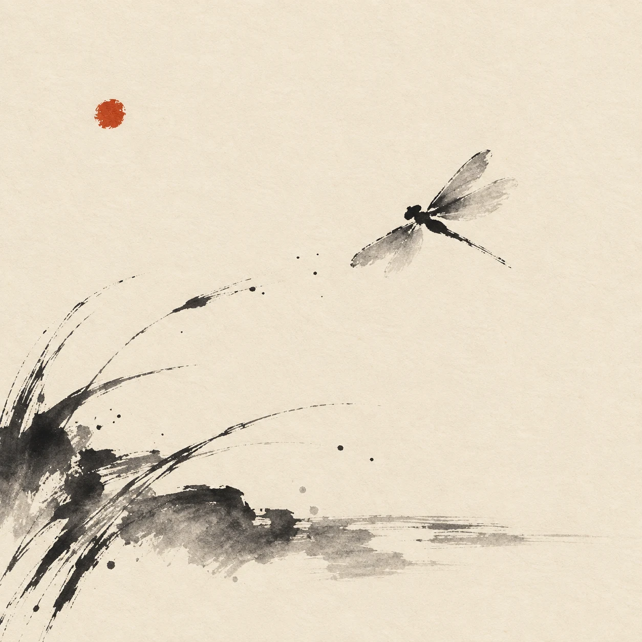 A dragonfly in cream, sand; square artwork.
