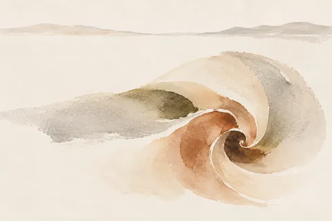 A cross-section of a nautilus in white, cream, stone, sand; landscape artwork.