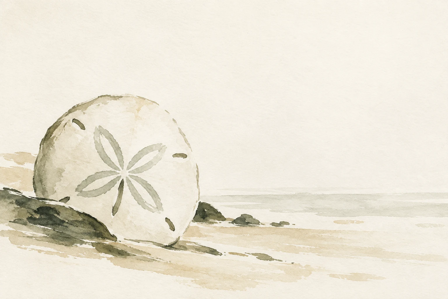 A sand dollar in white, cream, sand; landscape artwork.