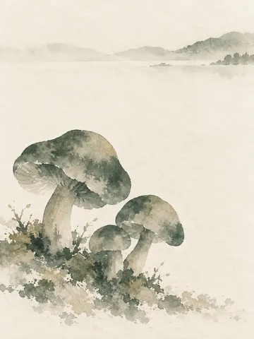 A cluster of mushrooms in white, cream, stone, taupe; portrait artwork.