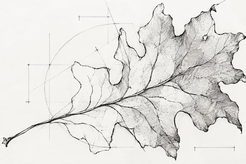 A fallen oak leaf in white, stone, cream, gray; landscape artwork.