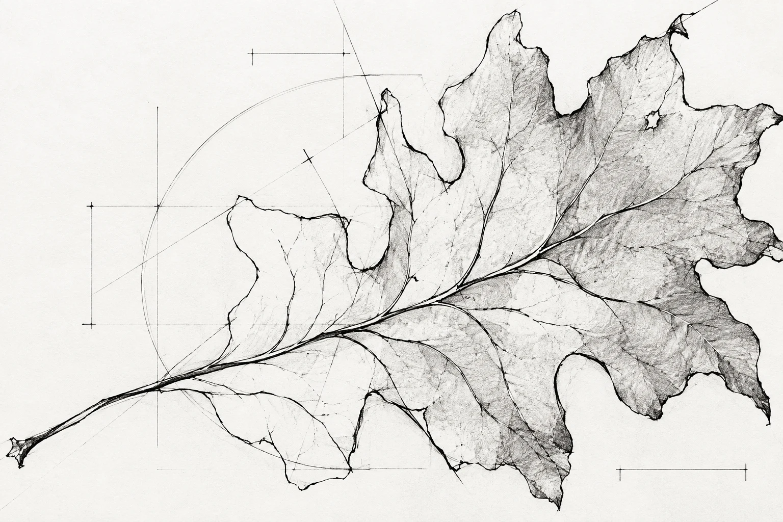 A fallen oak leaf in white, stone, cream, gray; landscape artwork.