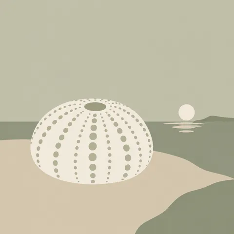 A sea urchin shell in stone, sage, cream; square artwork.