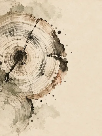 A cross-section of a tree trunk with rings in cream, sand, stone, taupe; portrait artwork.