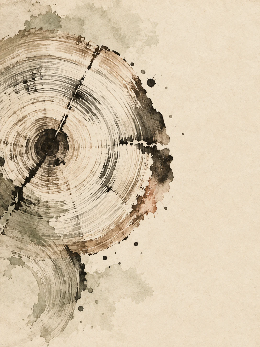 A cross-section of a tree trunk with rings in cream, sand, stone, taupe; portrait artwork.