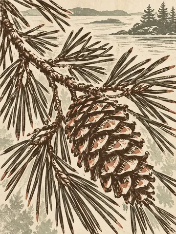 A pinecone in cream, taupe, olive, stone; portrait artwork.
