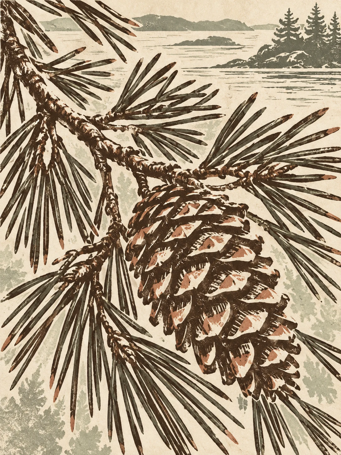 A pinecone in cream, taupe, olive, stone; portrait artwork.