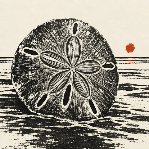 A sand dollar in white, charcoal, gray, black; square artwork.