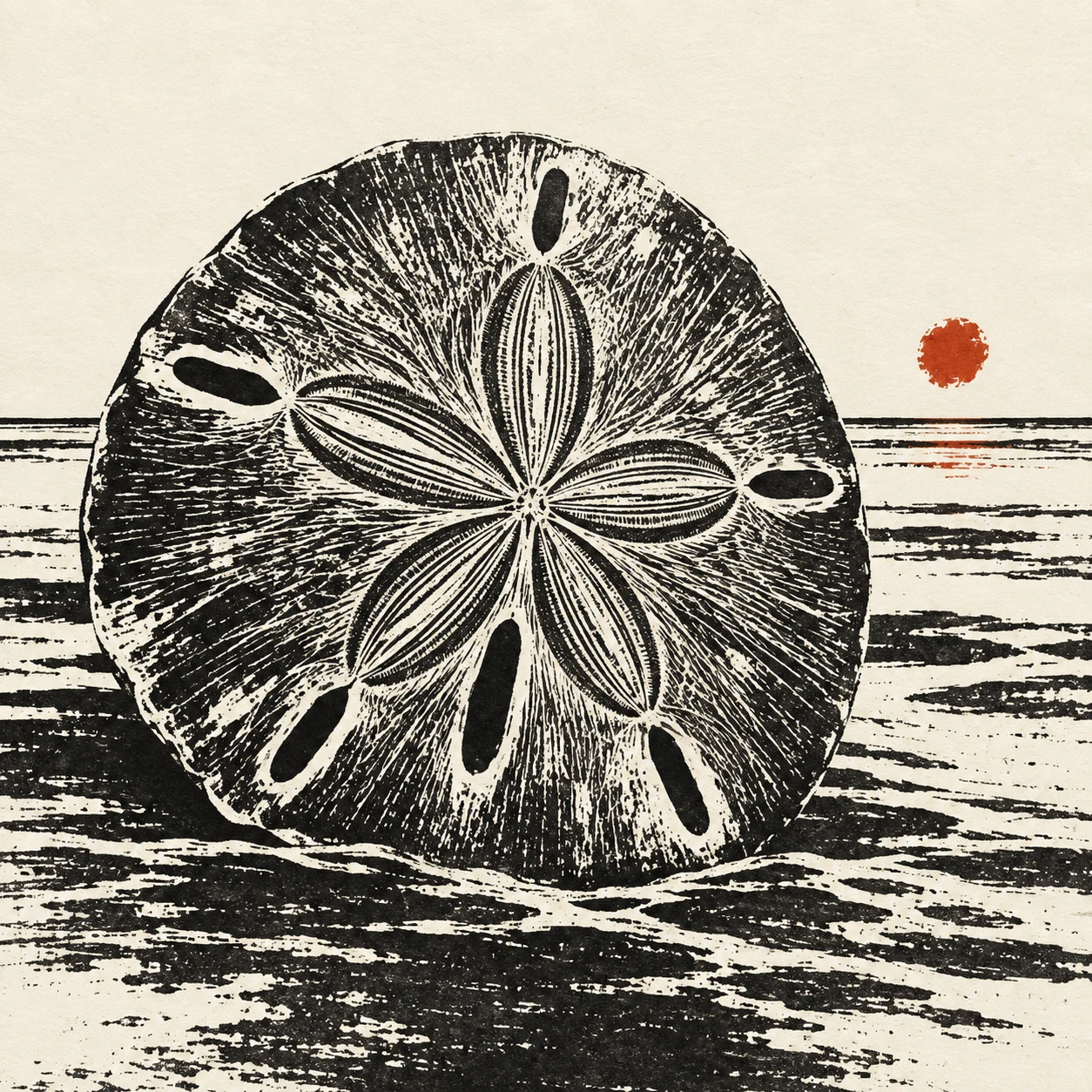A sand dollar in white, charcoal, gray, black; square artwork.