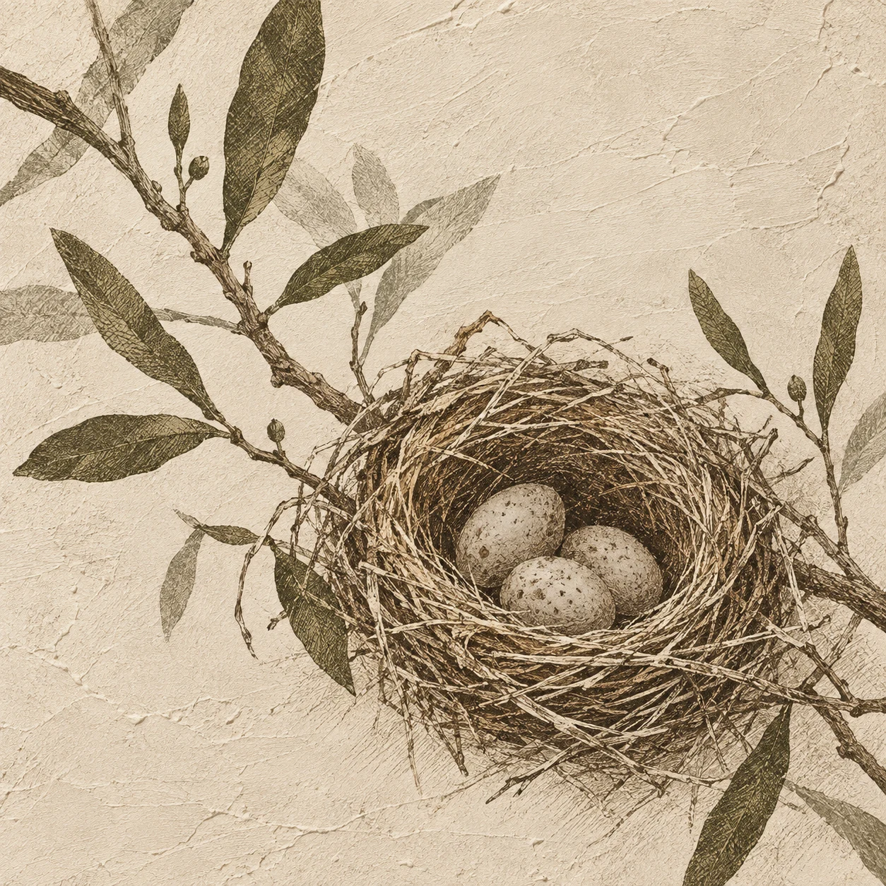 A bird nest with three eggs in cream, taupe, sage, brown; square artwork.