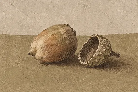 An acorn and its cap in stone, sage, taupe, brown; landscape artwork.