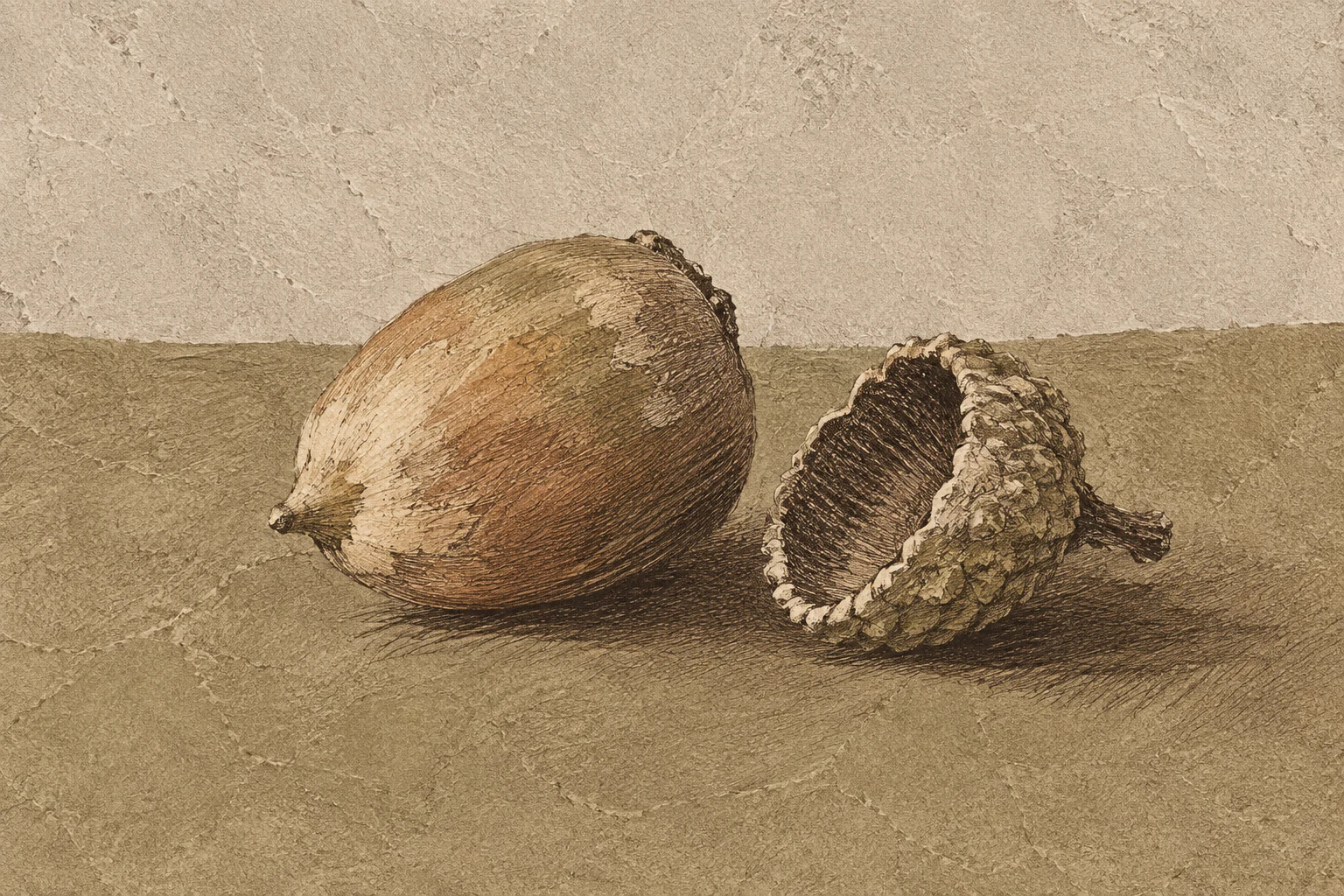 An acorn and its cap in stone, sage, taupe, brown; landscape artwork.