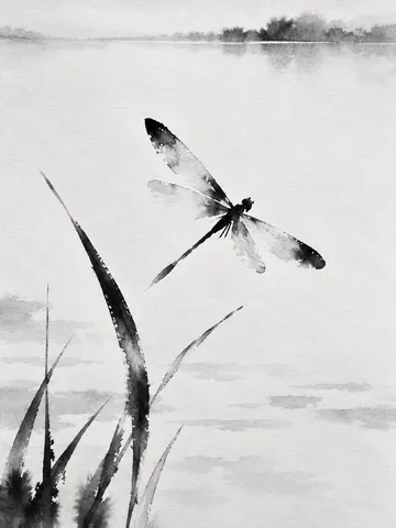 A dragonfly in cream, white, gray; portrait artwork.