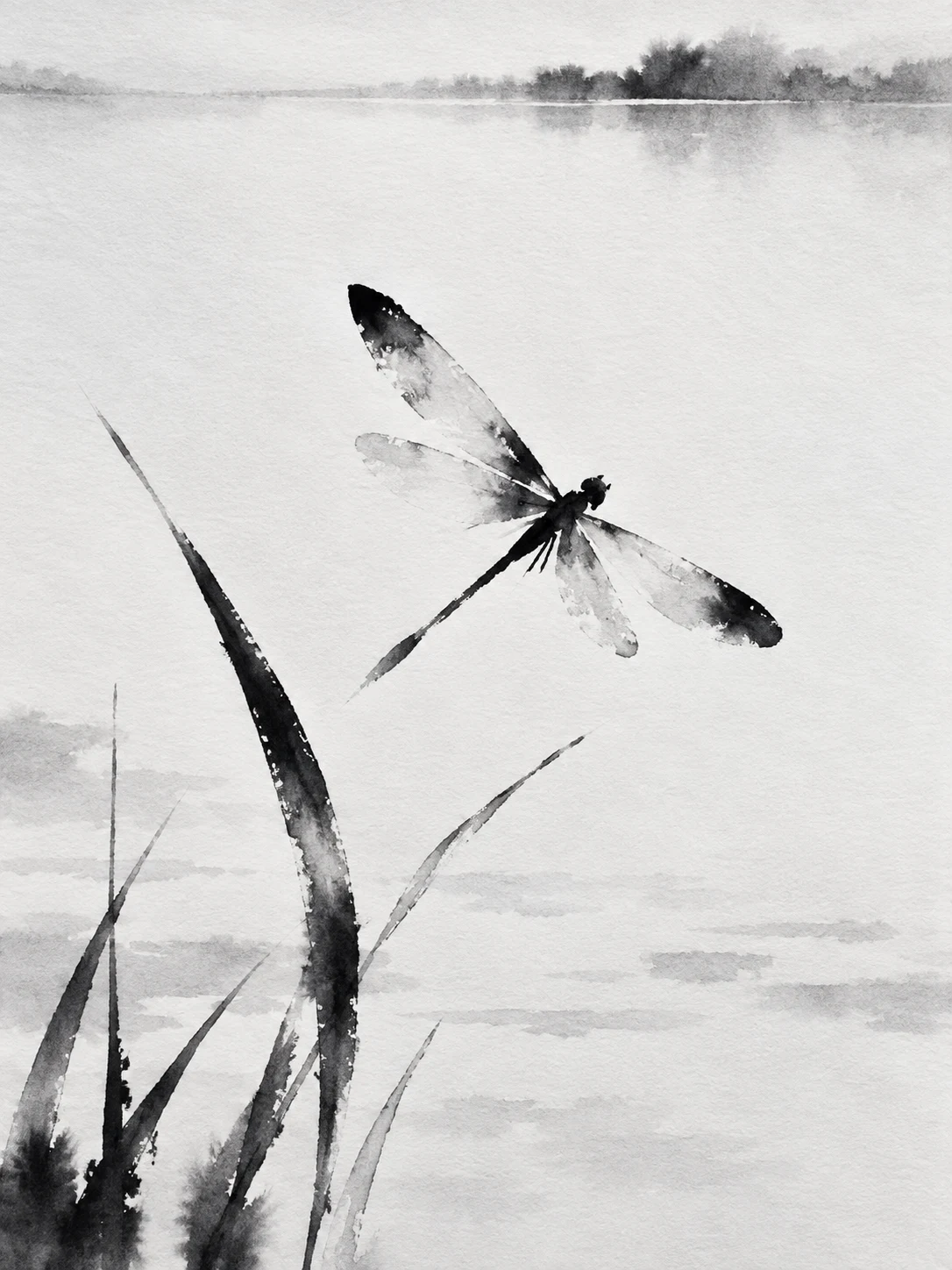 A dragonfly in cream, white, gray; portrait artwork.
