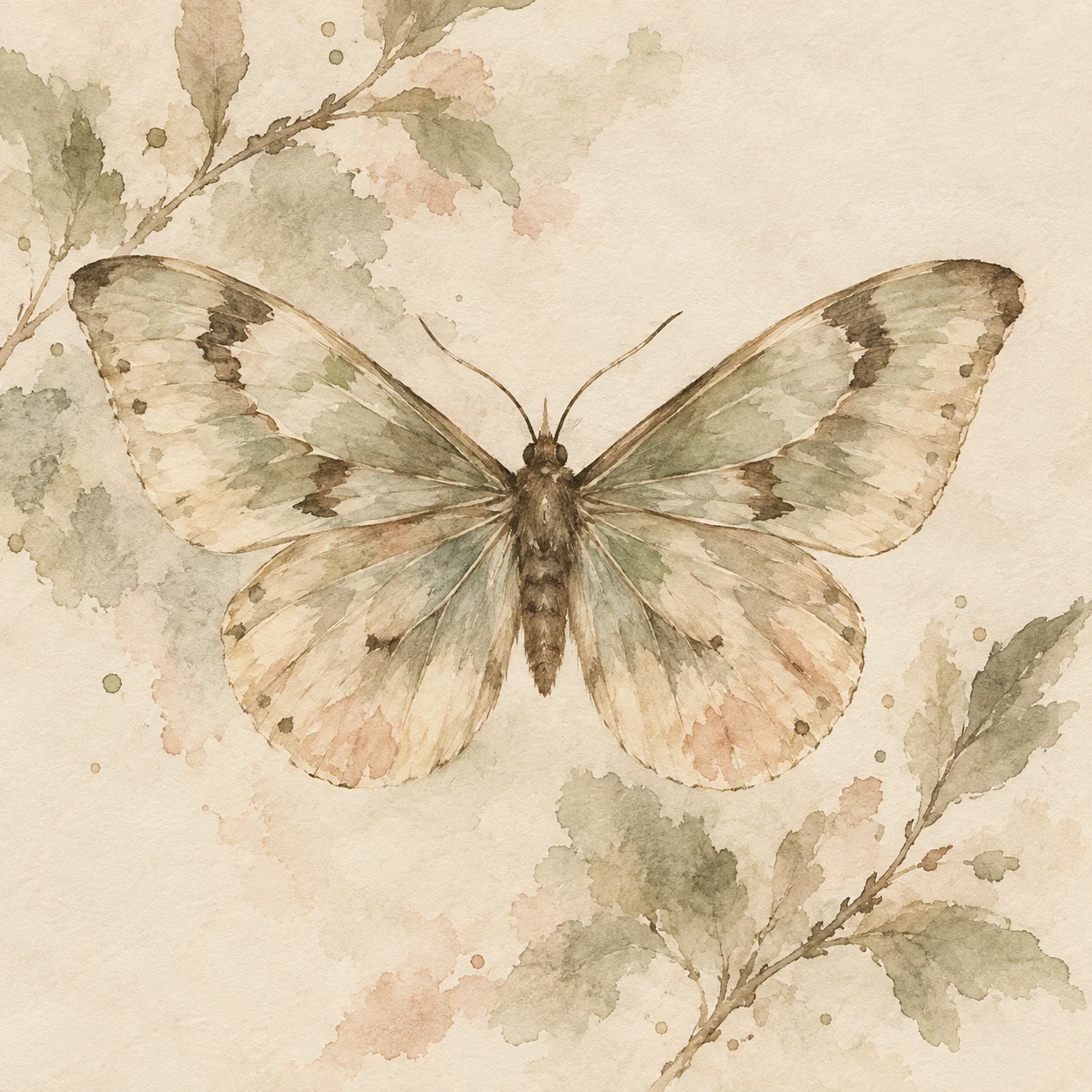 A moth with open wings in cream, sand, stone, sage; square artwork.