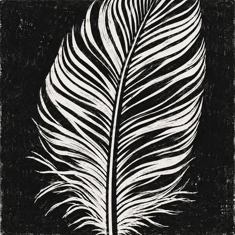 A feather in black, gray, cream, charcoal; square artwork.