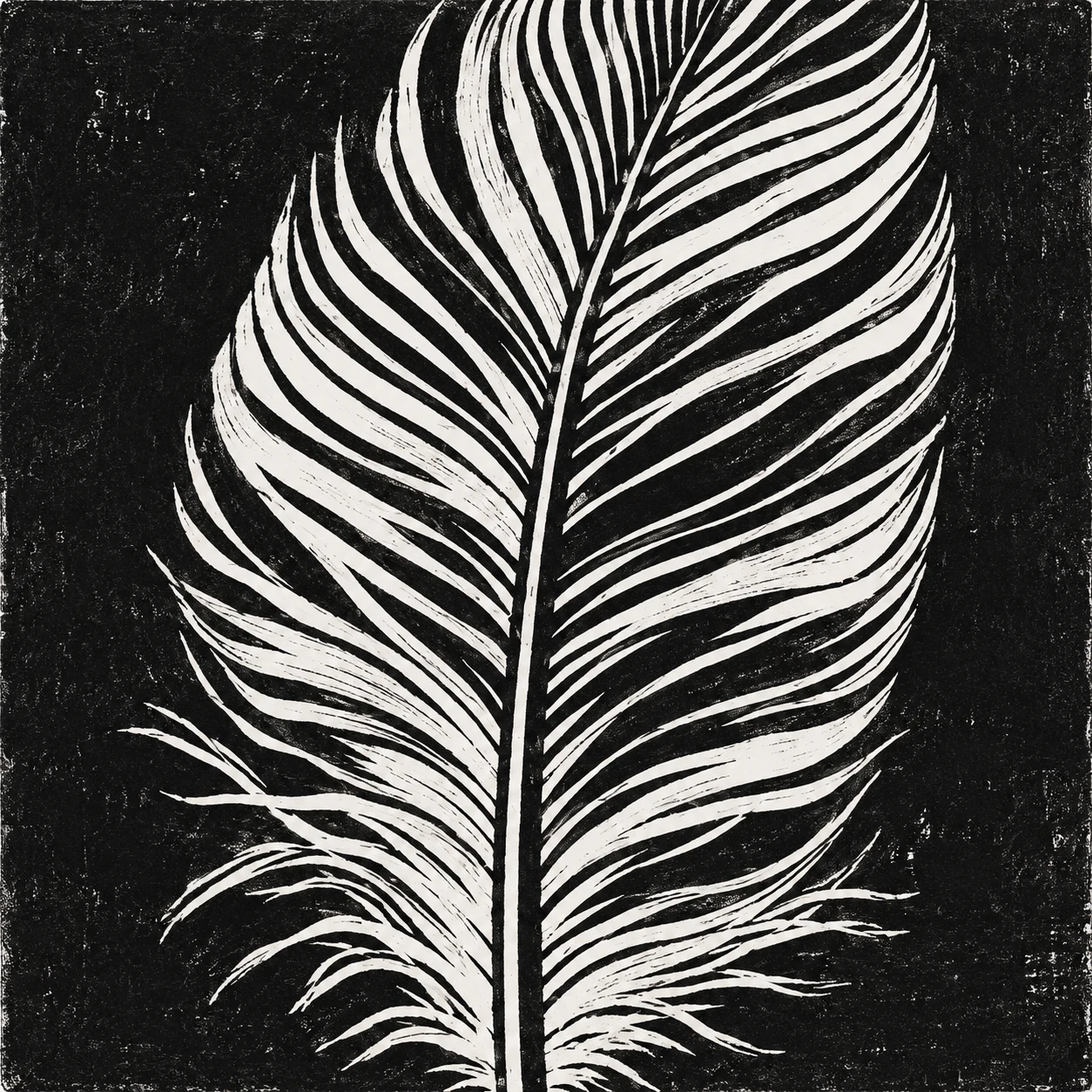 A feather in black, gray, cream, charcoal; square artwork.