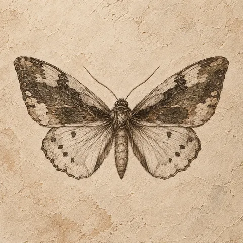 A moth with open wings in stone, cream, brown, sage; square artwork.