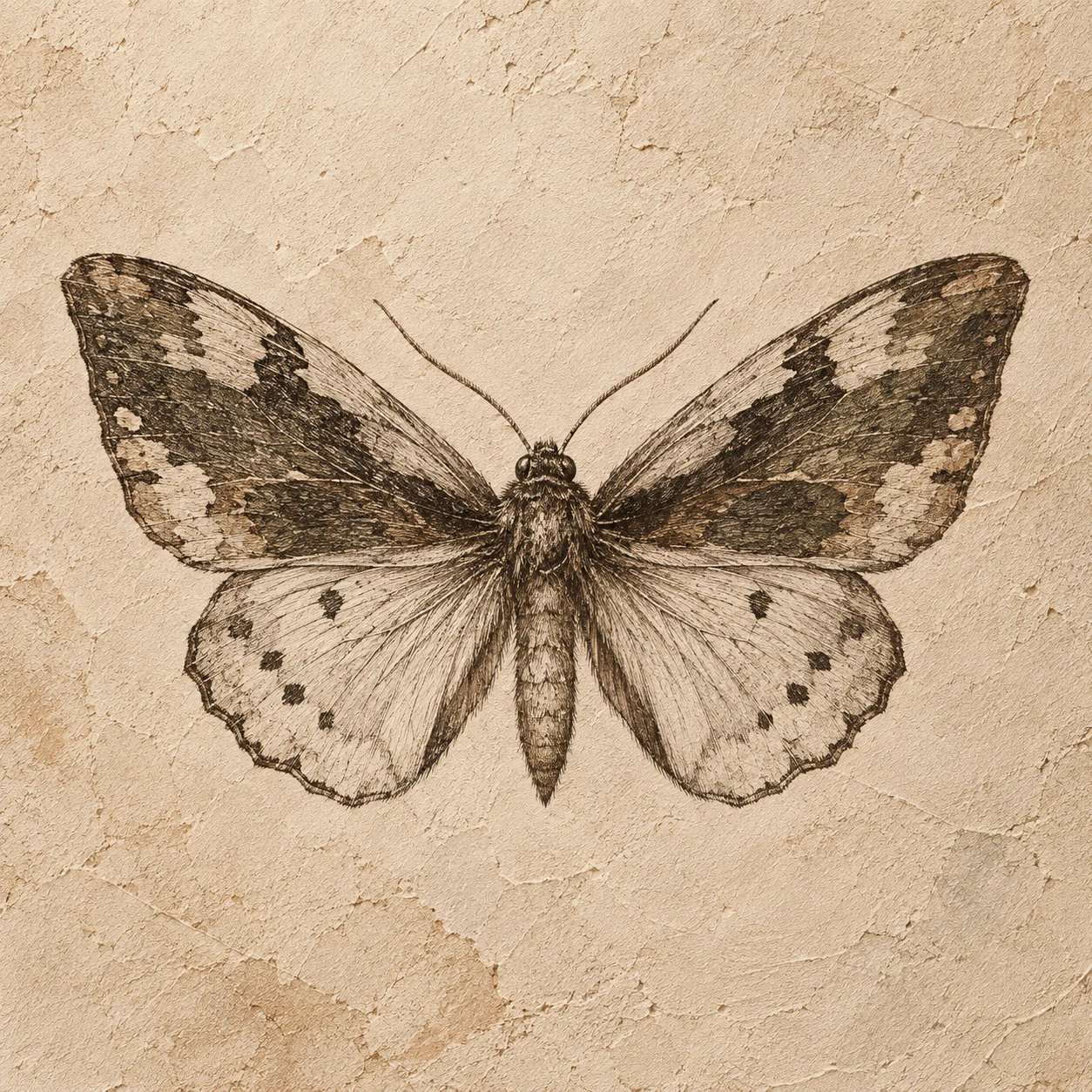 A moth with open wings in stone, cream, brown, sage; square artwork.
