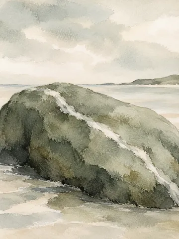 A stone with one white vein in cream, stone, sage, charcoal; portrait artwork.