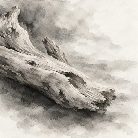 A piece of driftwood in white, gray, cream, stone; square artwork.