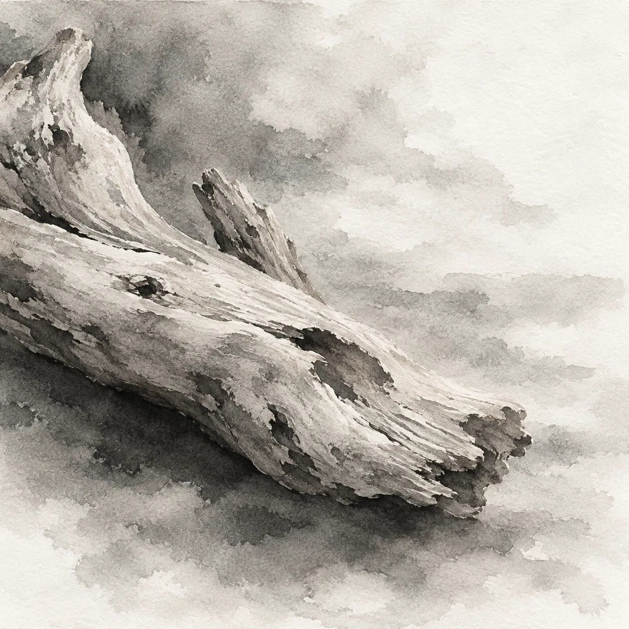 A piece of driftwood in white, gray, cream, stone; square artwork.