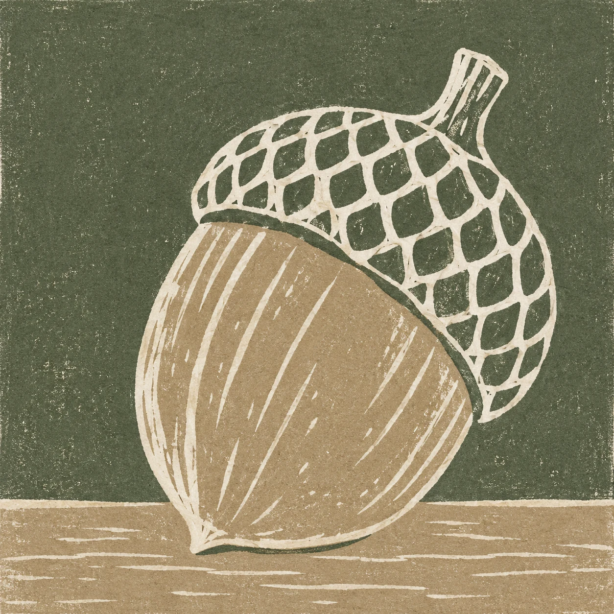 An acorn and its cap in olive, sage, sand, stone; square artwork.