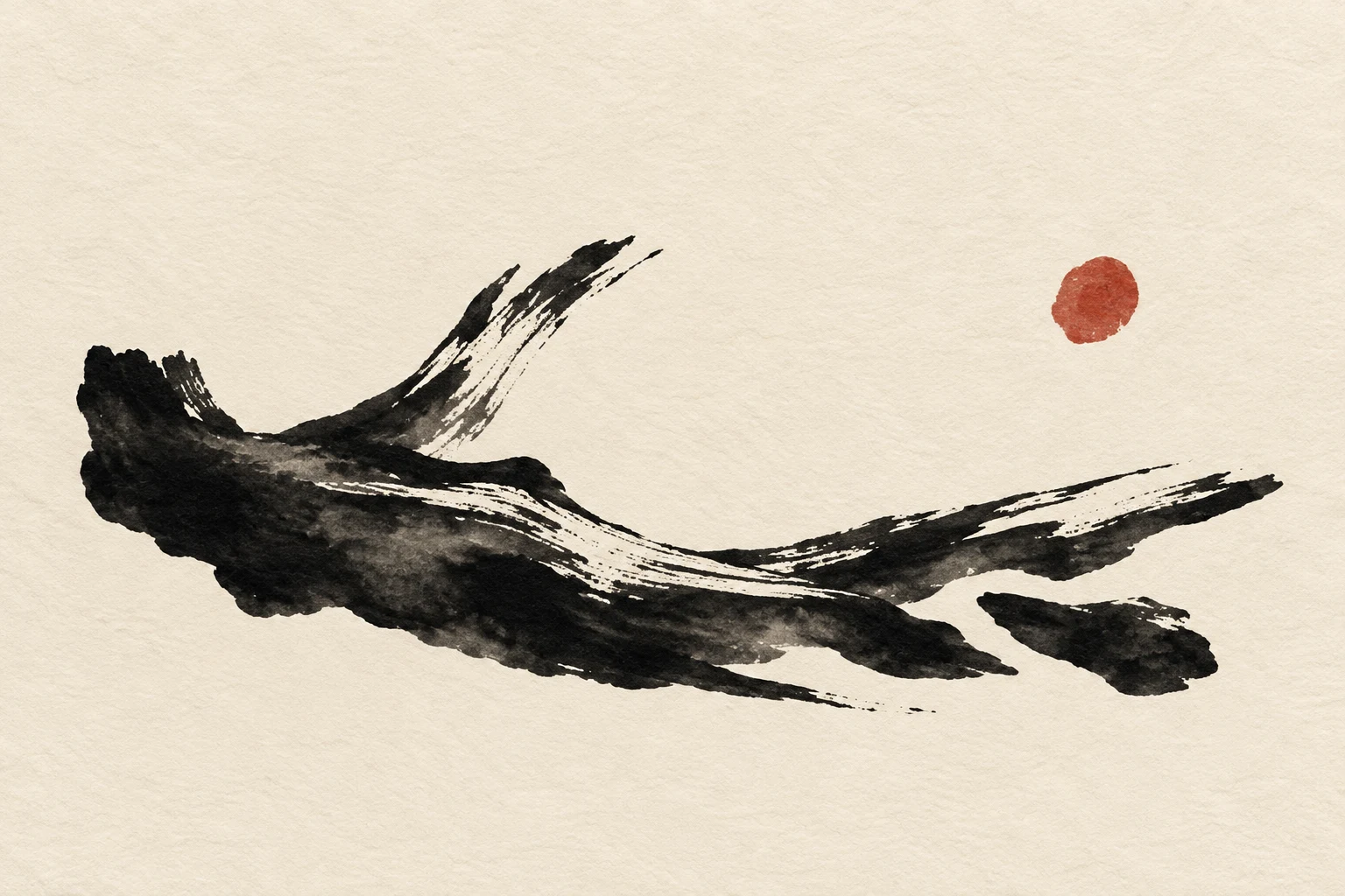A piece of driftwood in cream, black, sand; landscape artwork.