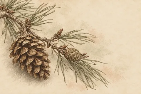 A pinecone in cream, sage, sand, olive; landscape artwork.