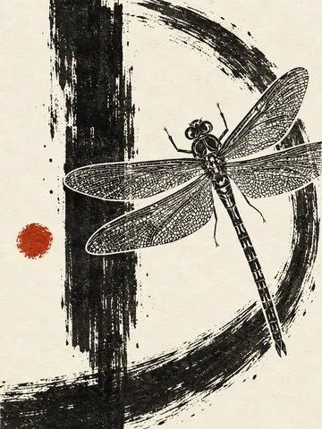 A dragonfly in white, charcoal, black, gray; portrait artwork.