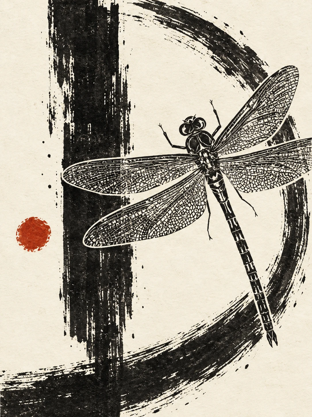A dragonfly in white, charcoal, black, gray; portrait artwork.
