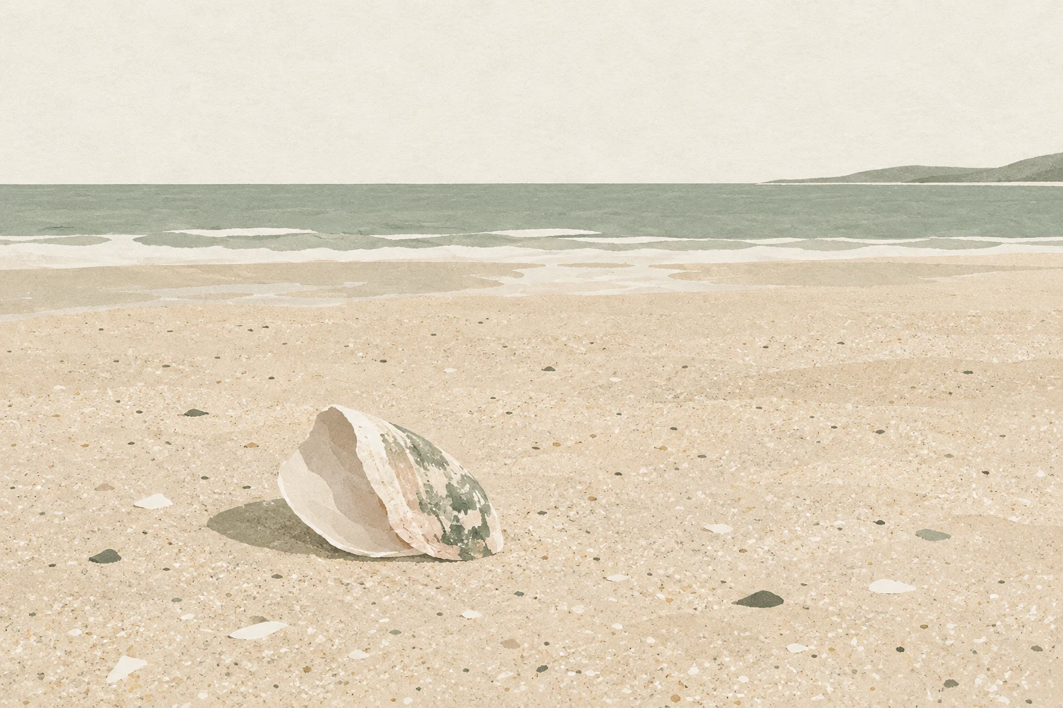 A single shell on sand in cream, white, stone; landscape artwork.