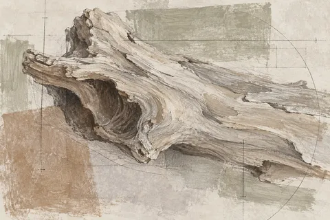 A piece of driftwood in sand, stone, cream, gray; landscape artwork.