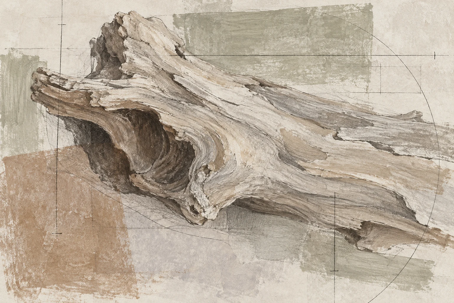 A piece of driftwood in sand, stone, cream, gray; landscape artwork.