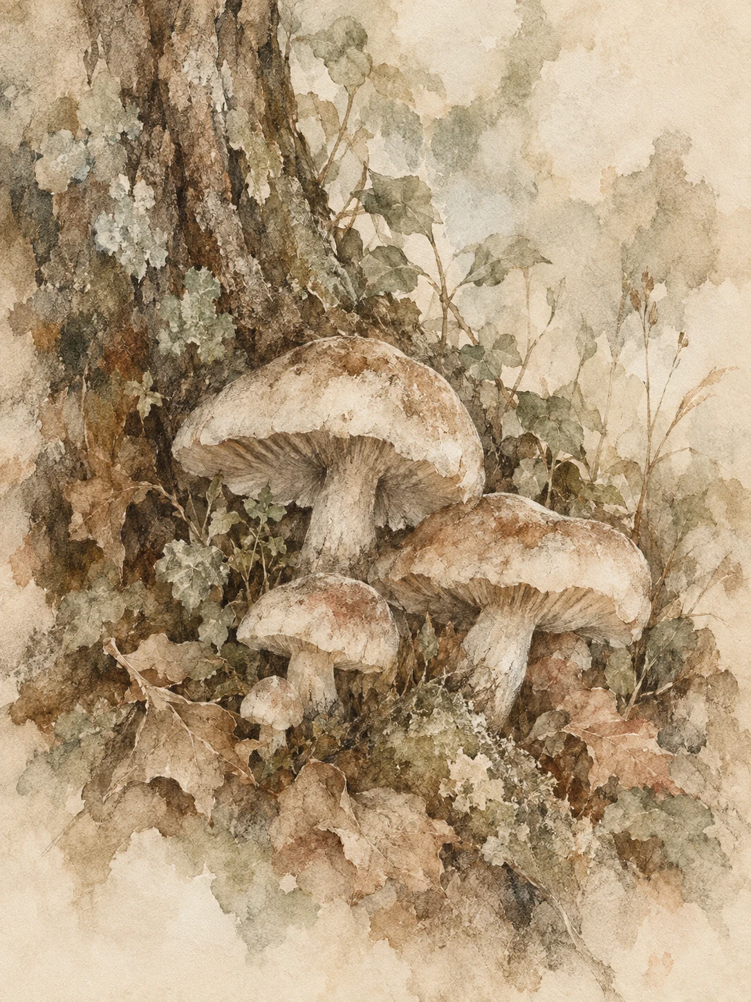 A cluster of mushrooms at the base of a tree in cream, taupe, sand, stone; portrait artwork.