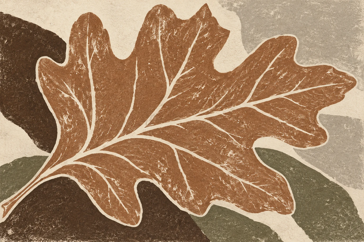 A fallen oak leaf in terracotta, sand, brown, cream; landscape artwork.
