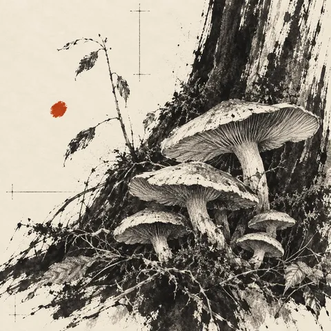 A cluster of mushrooms at the base of a tree in cream, charcoal, taupe, black; square artwork.