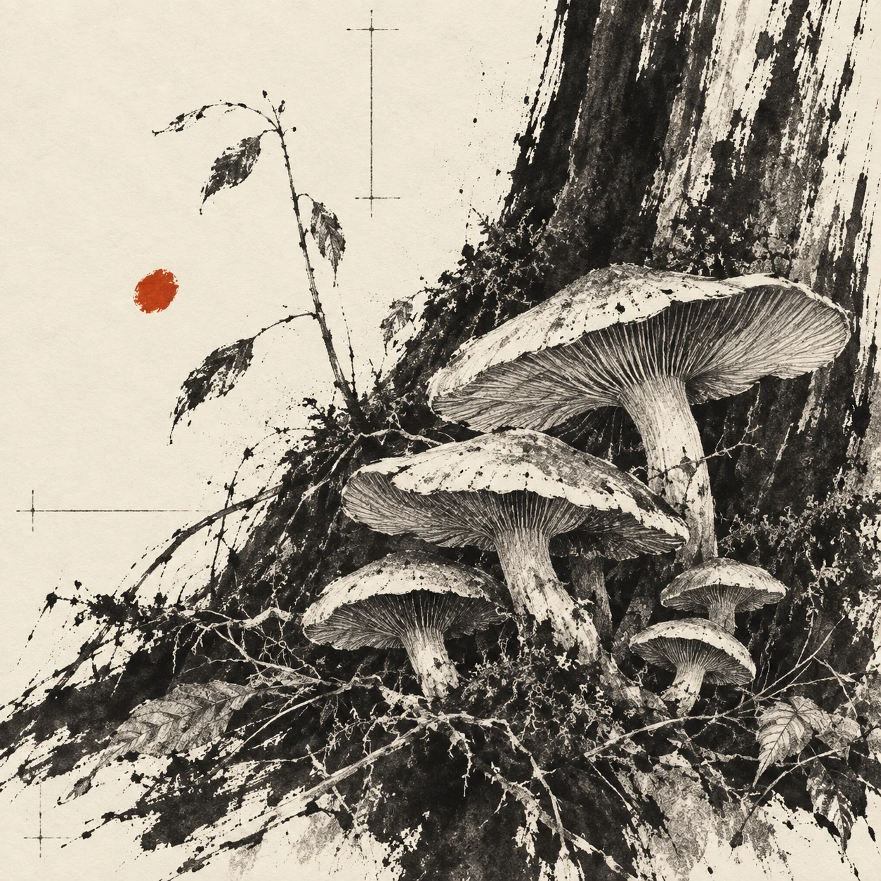 A cluster of mushrooms at the base of a tree in cream, charcoal, taupe, black; square artwork.