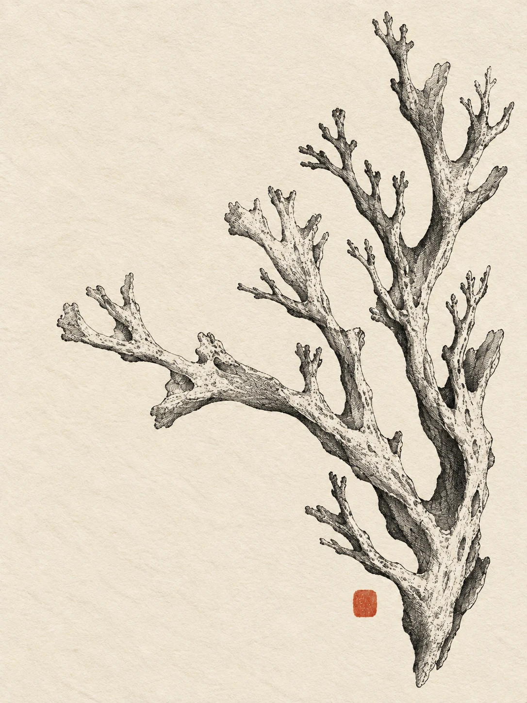 A coral branch in cream, stone, taupe; portrait artwork.