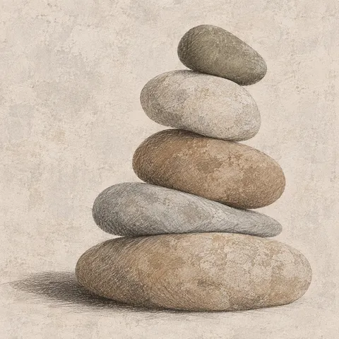 River stones stacked in a quiet cairn in cream, stone, gray, olive; square artwork.