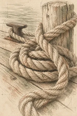 Coiled rope on a dock in cream, sand, taupe, stone; portrait artwork.